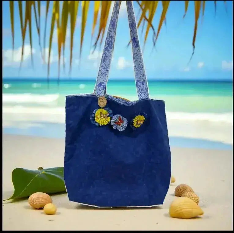 Ocean Blue Batik Tote Bag with Floral Embellishments - Handmade - Me Chavi - Where Style Blossoms