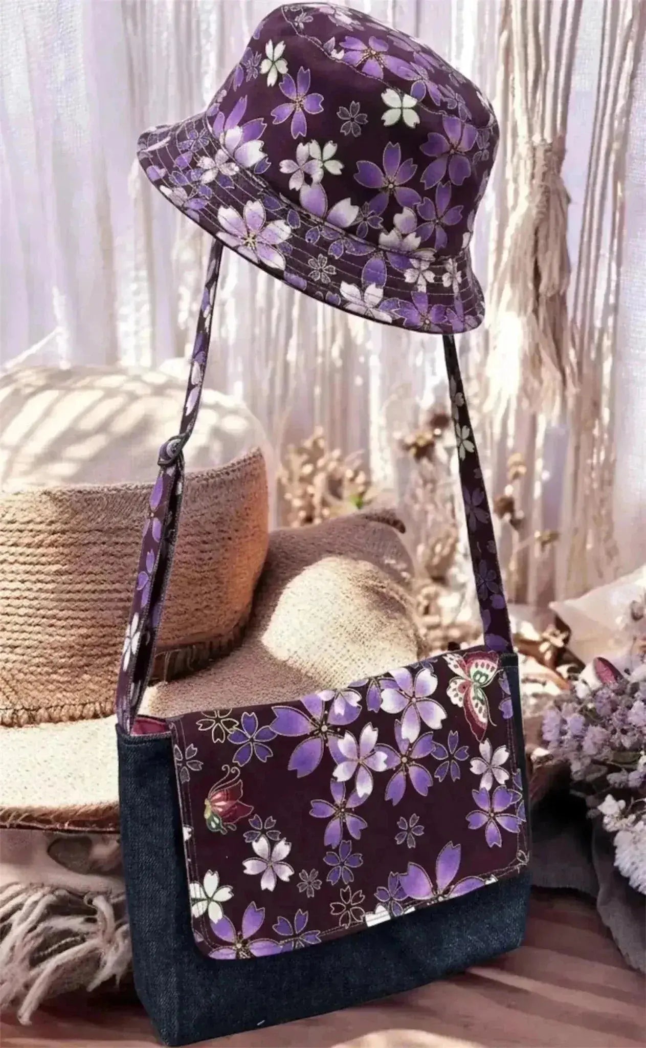 Handcrafted Messenger Bag & Bucket Hat Set - Botanical - Me Chavi - Where Style Blossoms