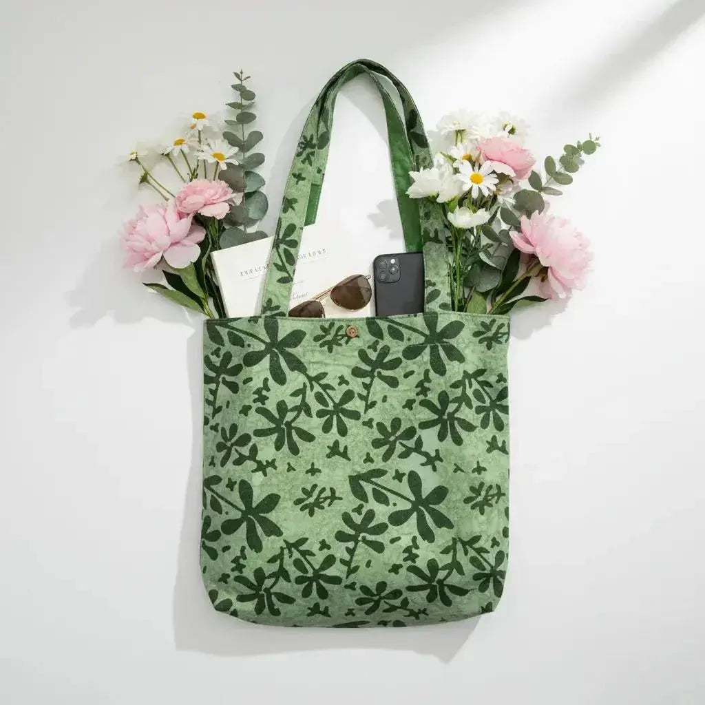 Handmade Batik Tote Bag - Green Botanical Print - Me Chavi - Where Style Blossoms