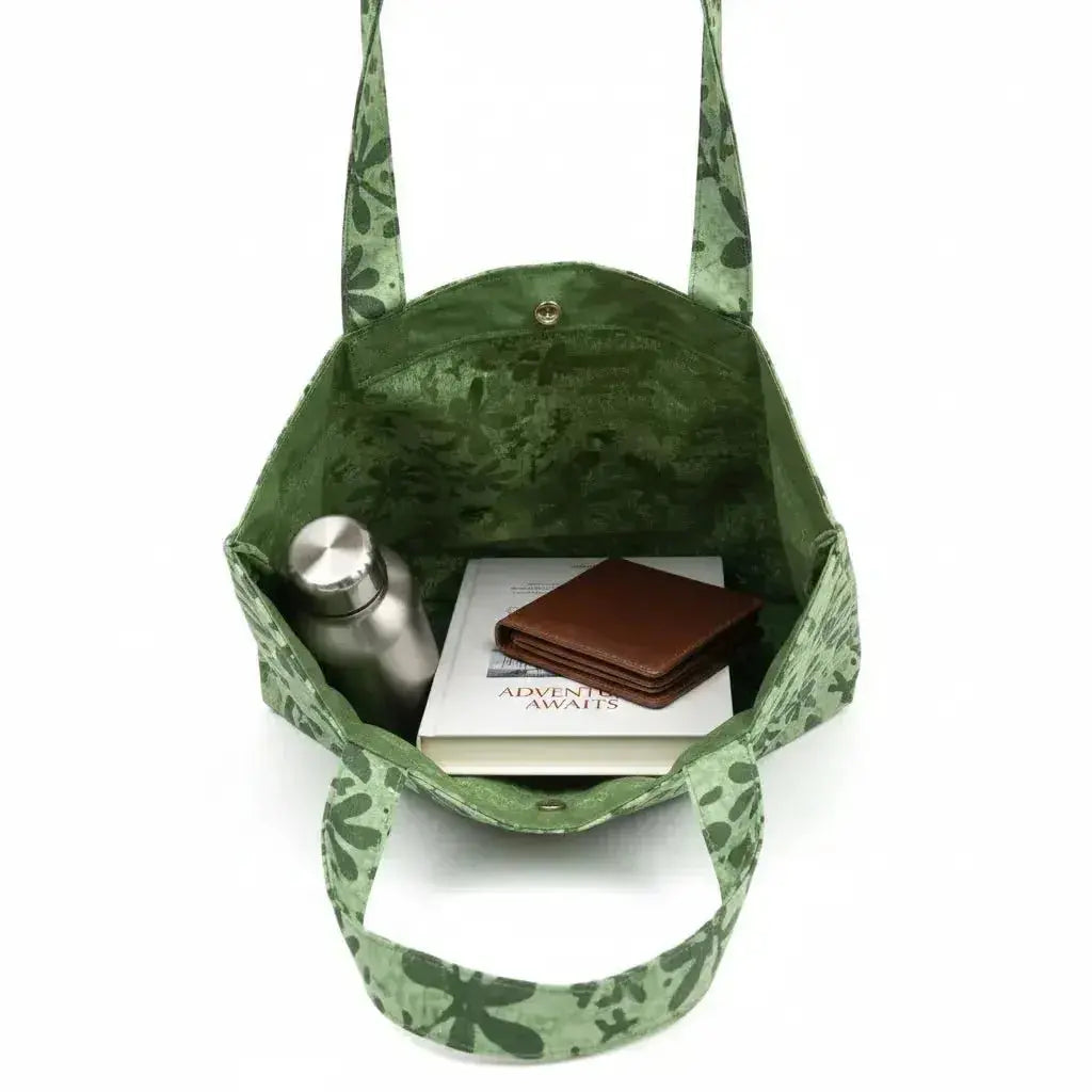 Handmade Batik Tote Bag - Green Botanical Print - Me Chavi - Where Style Blossoms