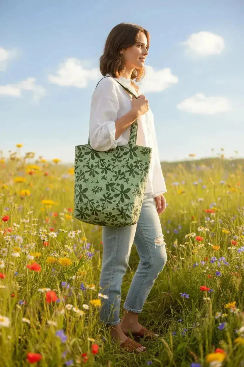 Handmade Batik Tote Bag - Green Botanical Print - Me Chavi - Where Style Blossoms