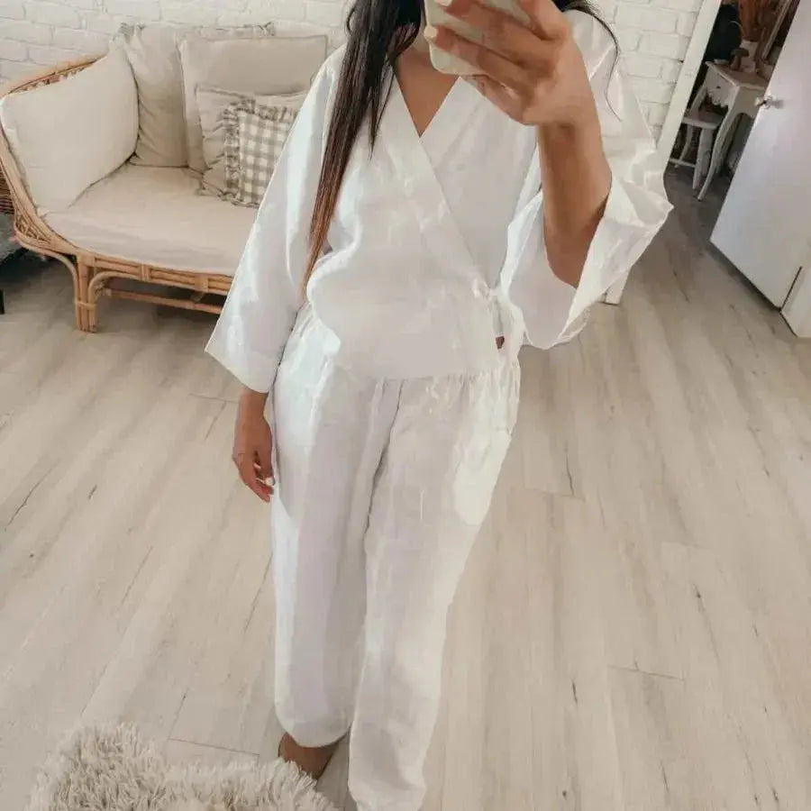 Linen Wrap Shirt in White - Me Chavi - Where Style Blossoms