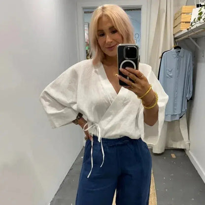 Linen Wrap Shirt in White - Me Chavi - Where Style Blossoms
