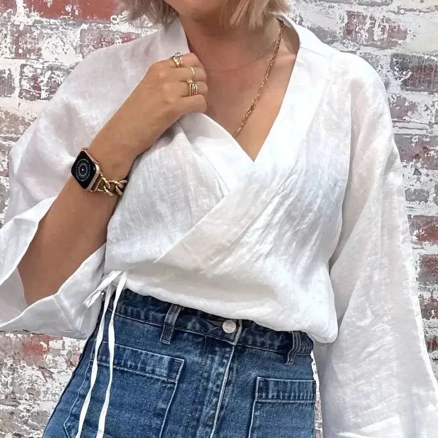 Linen Wrap Shirt in White - Me Chavi - Where Style Blossoms