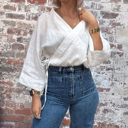 Linen Wrap Shirt in White - Me Chavi - Where Style Blossoms