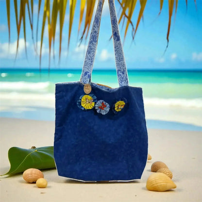 Ocean Blue Batik Tote Bag with Floral Embellishments - Handmade - Me Chavi - Where Style Blossoms