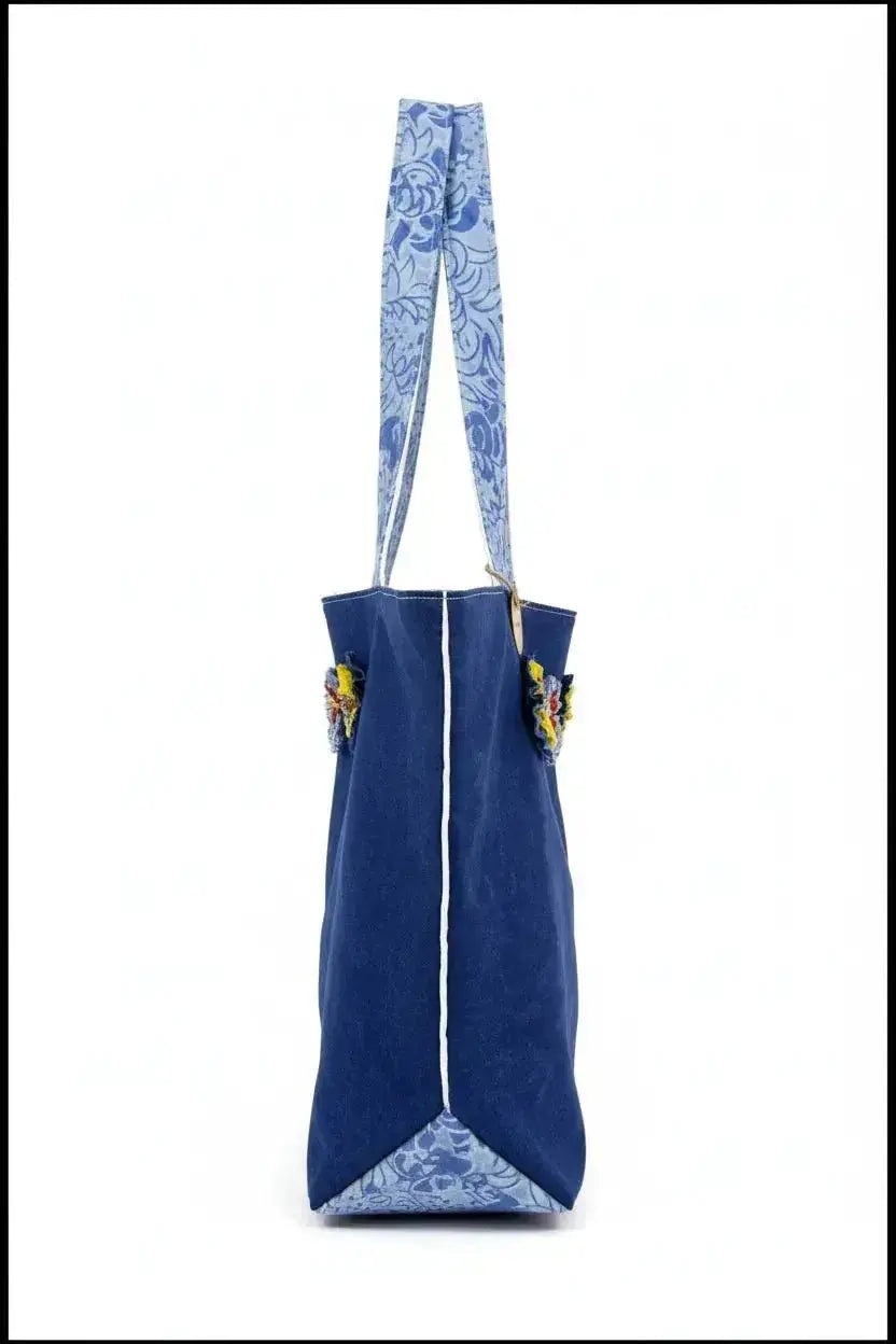 Ocean Blue Batik Tote Bag with Floral Embellishments - Handmade - Me Chavi - Where Style Blossoms