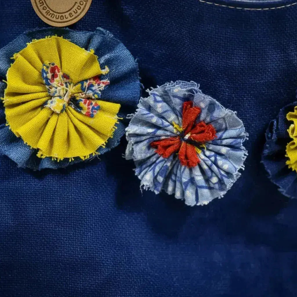 Ocean Blue Batik Tote Bag with Floral Embellishments - Handmade - Me Chavi - Where Style Blossoms