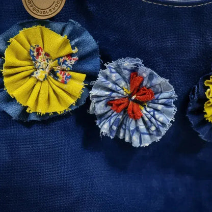 Ocean Blue Batik Tote Bag with Floral Embellishments - Handmade - Me Chavi - Where Style Blossoms