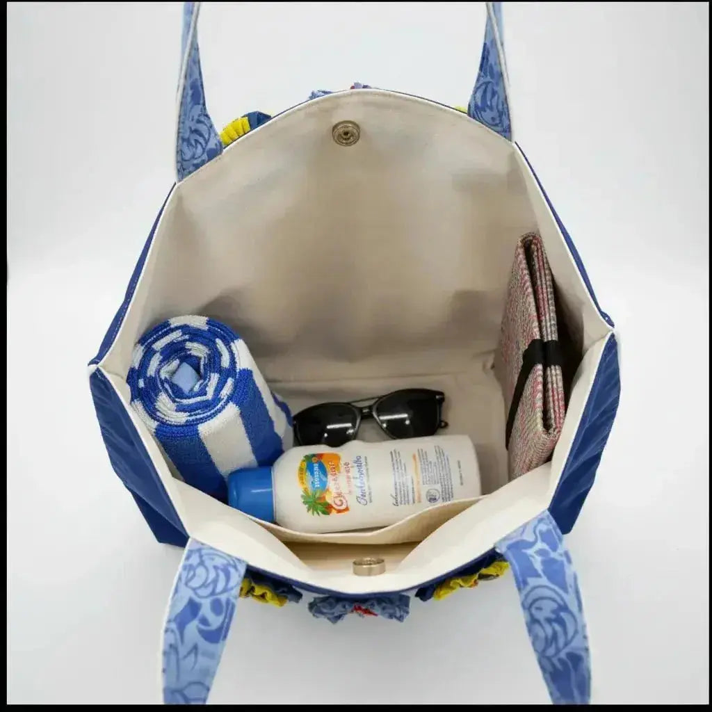 Ocean Blue Batik Tote Bag with Floral Embellishments - Handmade - Me Chavi - Where Style Blossoms