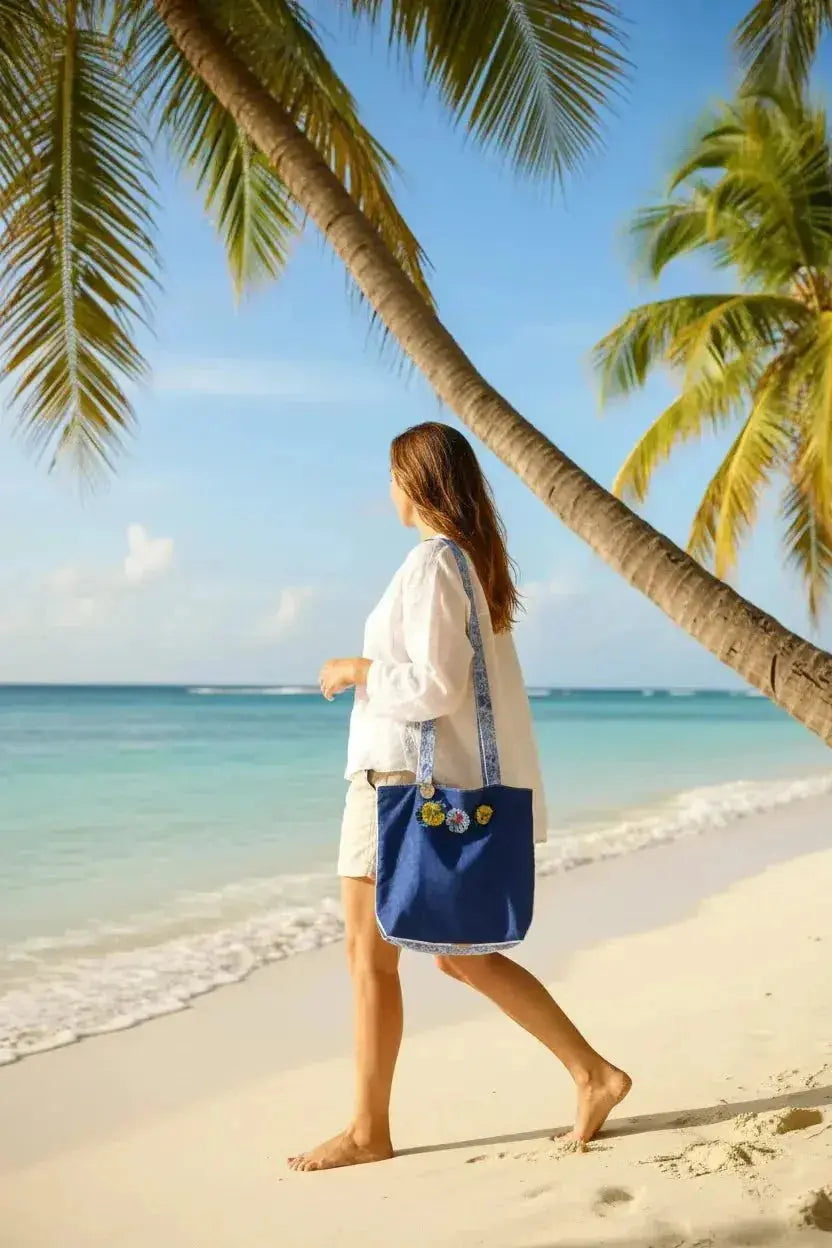 Ocean Blue Batik Tote Bag with Floral Embellishments - Handmade - Me Chavi - Where Style Blossoms