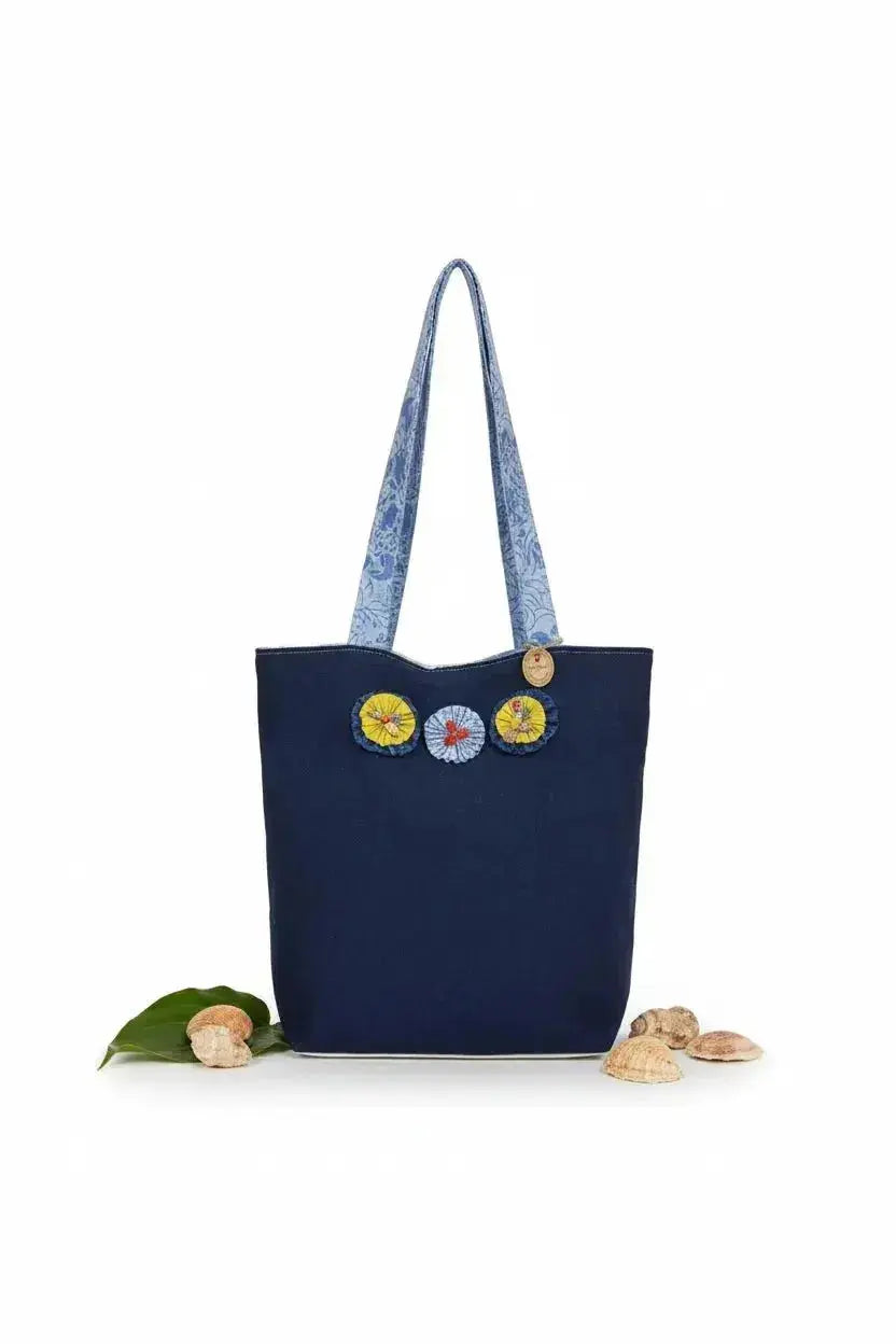 Ocean Blue Batik Tote Bag with Floral Embellishments - Handmade - Me Chavi - Where Style Blossoms