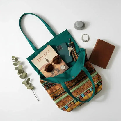 Earthy Bohemian Striped Tote Bag - Green & Gold - Me Chavi - Where Style Blossoms