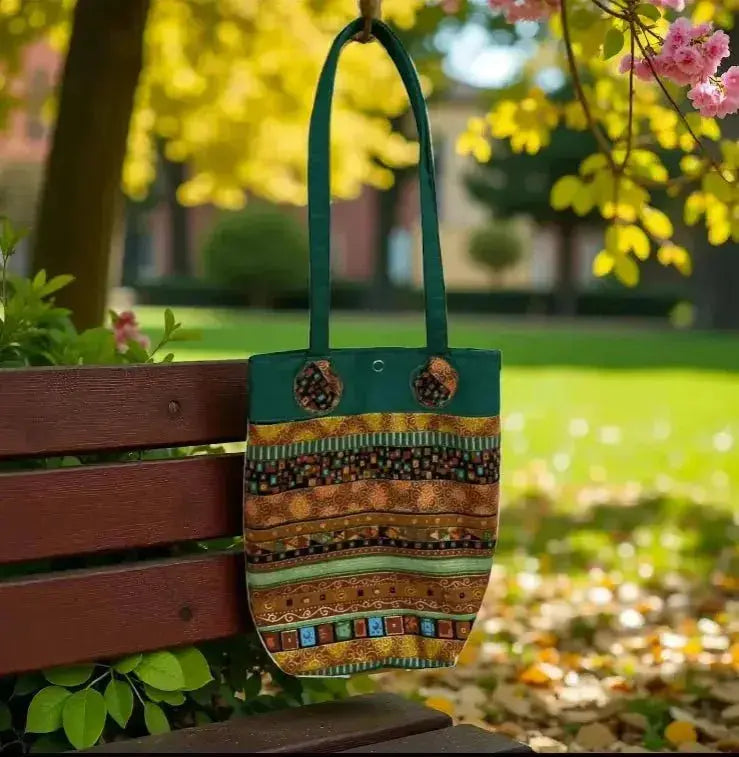 Earthy Bohemian Striped Tote Bag - Green & Gold - Me Chavi - Where Style Blossoms