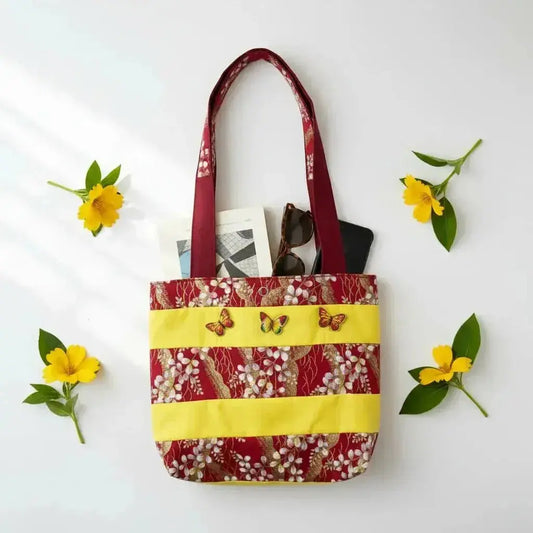 Red Floral Tote Bag with Butterfly Accents - Yellow Stripe - Me Chavi - Where Style Blossoms