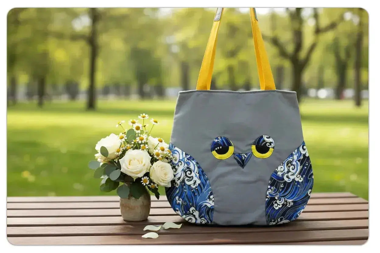 Whimsical Owl Tote Bag - Grey with Blue Wave Pattern - Me Chavi - Where Style Blossoms