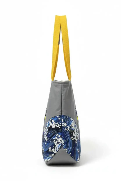 Whimsical Owl Tote Bag - Grey with Blue Wave Pattern - Me Chavi - Where Style Blossoms