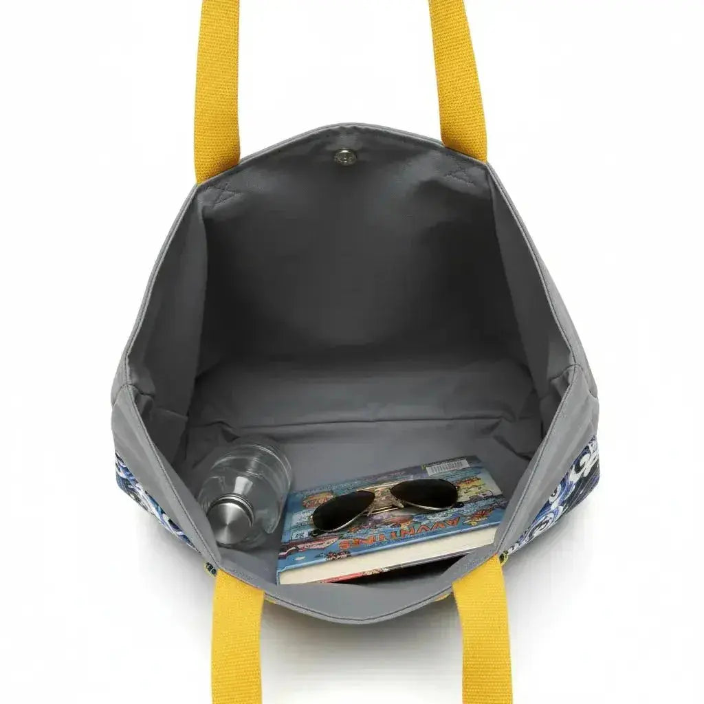 Whimsical Owl Tote Bag - Grey with Blue Wave Pattern - Me Chavi - Where Style Blossoms