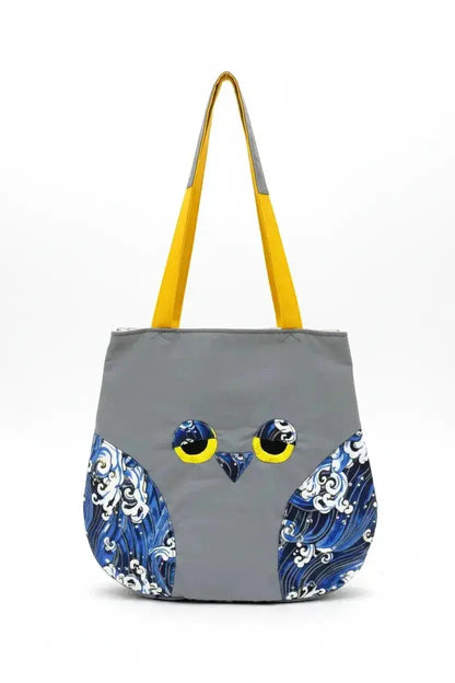 Whimsical Owl Tote Bag - Grey with Blue Wave Pattern - Me Chavi - Where Style Blossoms