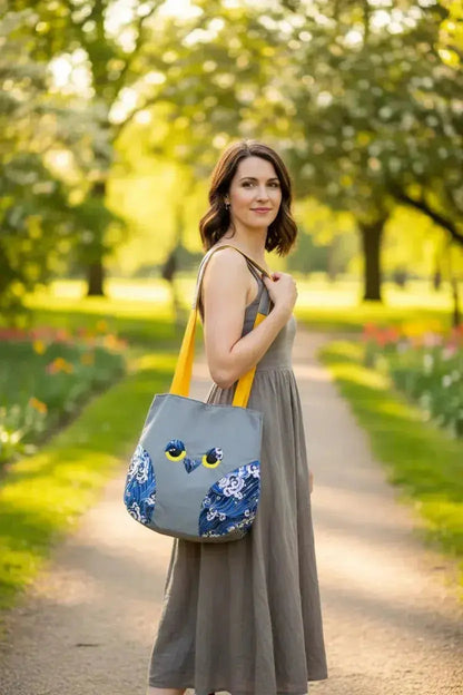 Whimsical Owl Tote Bag - Grey with Blue Wave Pattern - Me Chavi - Where Style Blossoms