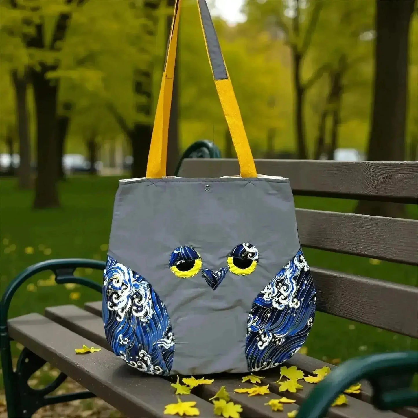 Whimsical Owl Tote Bag - Grey with Blue Wave Pattern - Me Chavi - Where Style Blossoms