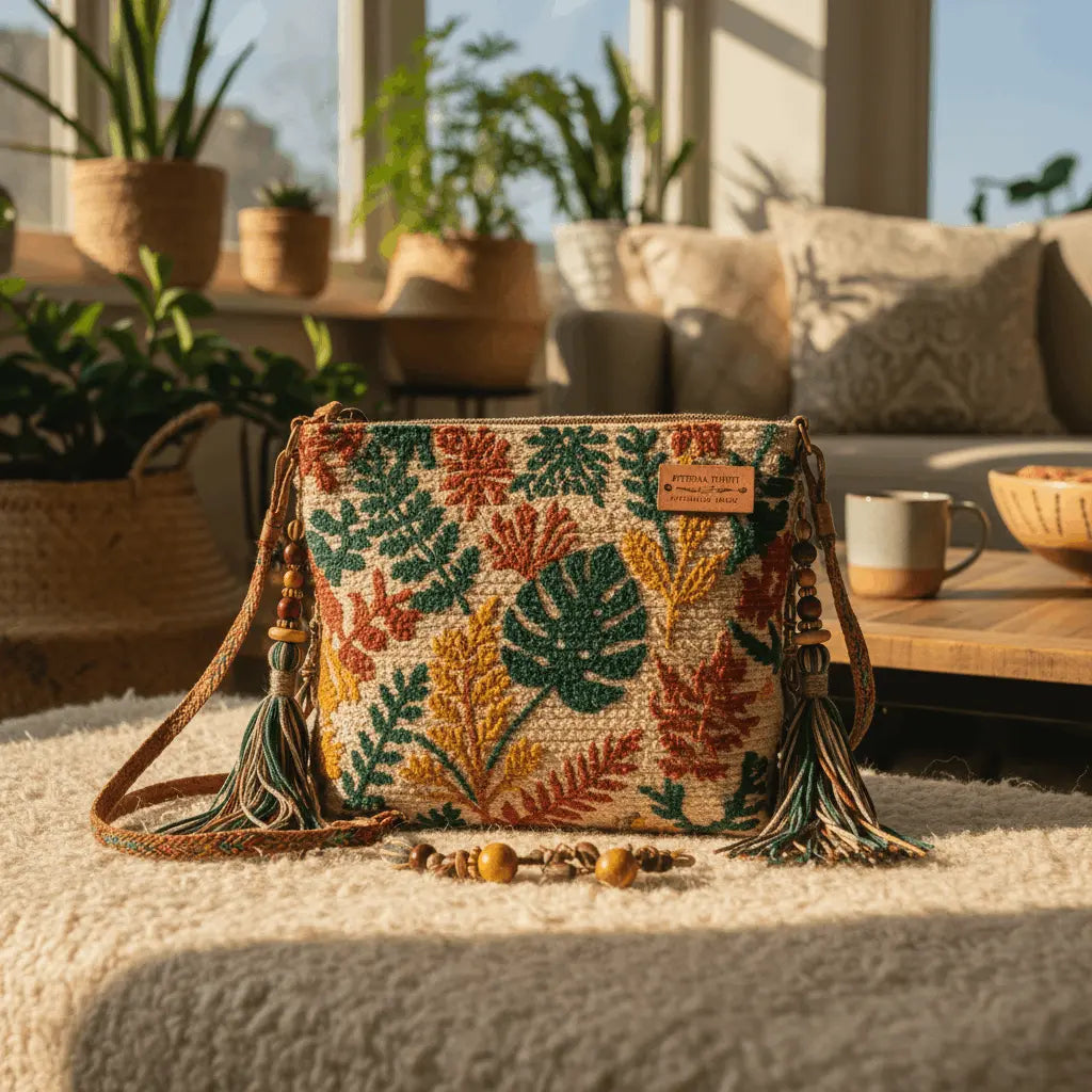 Decorative handbag with leaf pattern on a living room floor